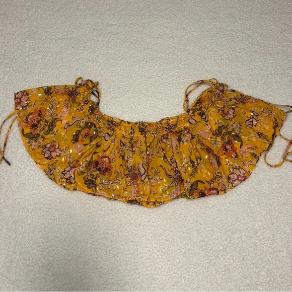 Forever 21 Women Yellow Floral Off The Shoulder Ruffle Crop Top - Picture 2 of 10